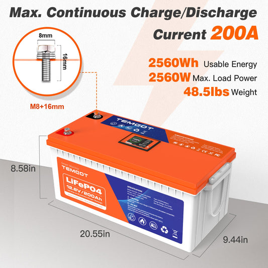 Temgo 12V 200Ah Deep Cycle Battery With Bluetooth & LCD Screen