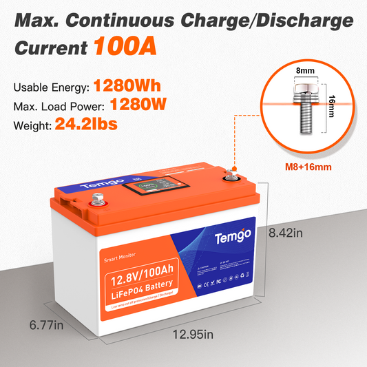 Temgo 12V 100Ah Lithium Battery With LCD Screen M8 Terminal Design