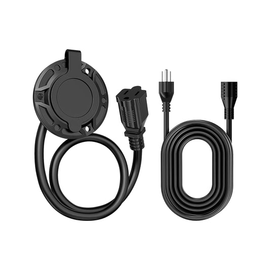 125V 15A AC Power Inlet Port Plug with 16.5in Cord & 9.84ft Extension Cable, Waterproof Cap, 14AWG, Golf Cart & Outdoor Charging Socket Kit