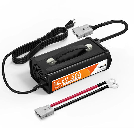 【Pre-order】Temgo 14.6V 50A LiFePO4 Battery Charger, Fast Charging Lithium Battery Charger with Smart Activation, LED Indicator, Wire Lugs & Full Protection