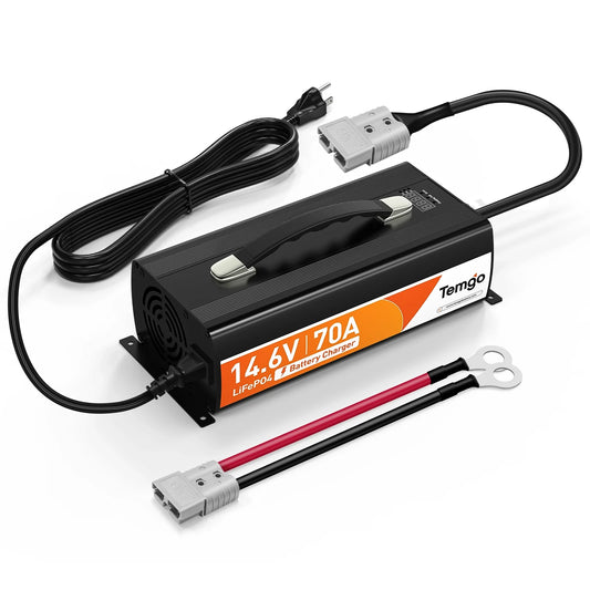Temgo 14.6V 70A LiFePO4 Battery Charger, Fast Charging Lithium Battery Charger with Smart Activation, LED Indicator, Wire Lugs & Full Protection