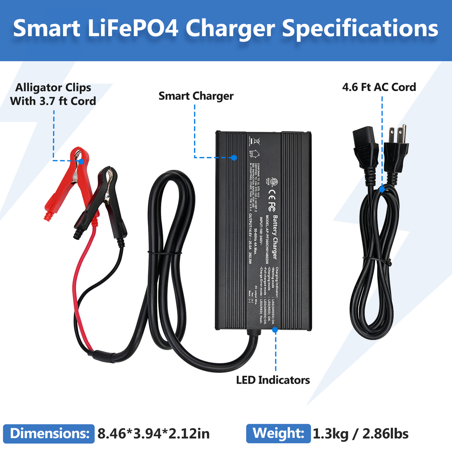 Temgo 14.6V 20A Smart Battery Charger, LiFePO4 Battery Charger for 12V Lithium Battery, Perfect for LiFePO4 Battery Recharging, Support Fast Charging