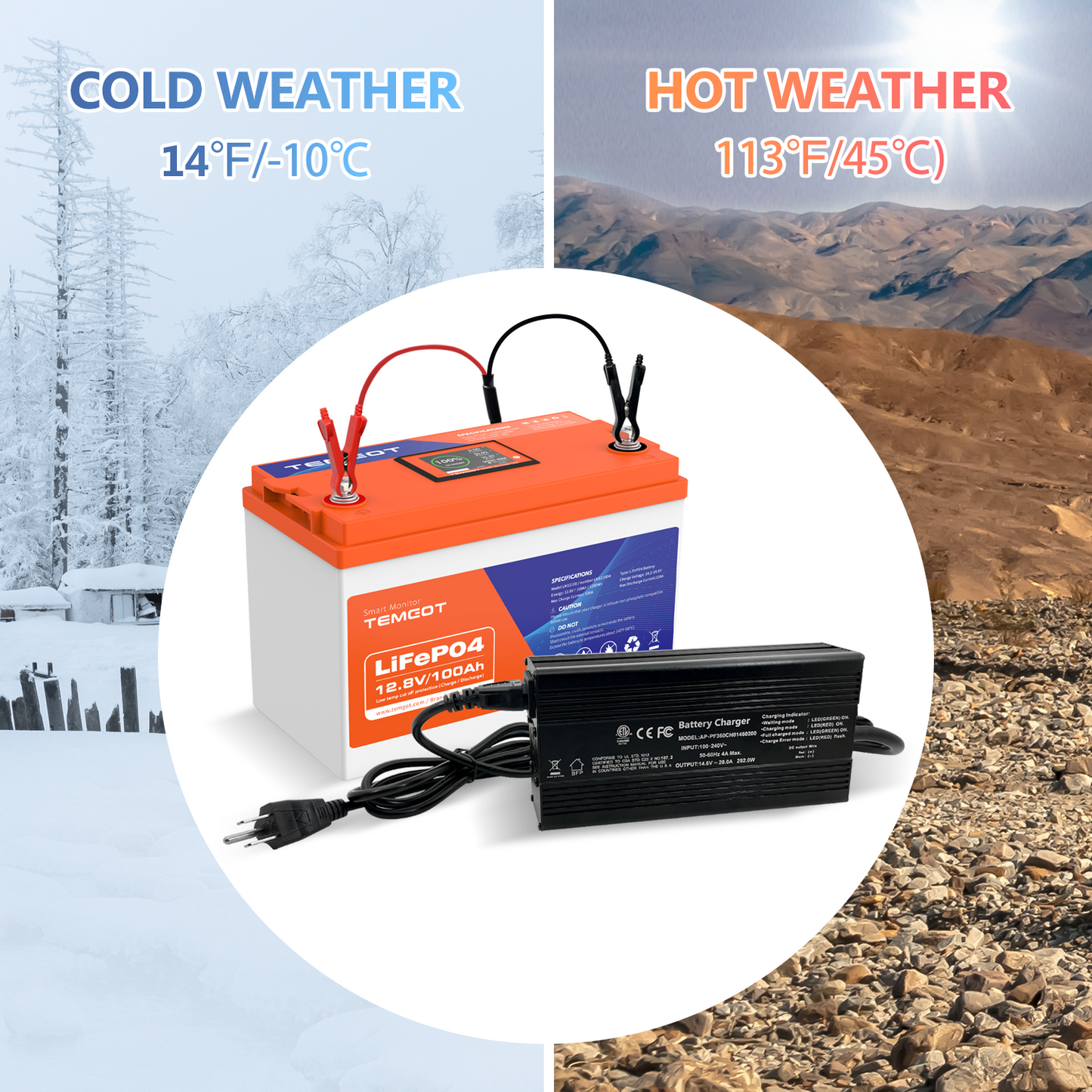 Temgo 14.6V 20A Smart Battery Charger, LiFePO4 Battery Charger for 12V Lithium Battery, Perfect for LiFePO4 Battery Recharging, Support Fast Charging