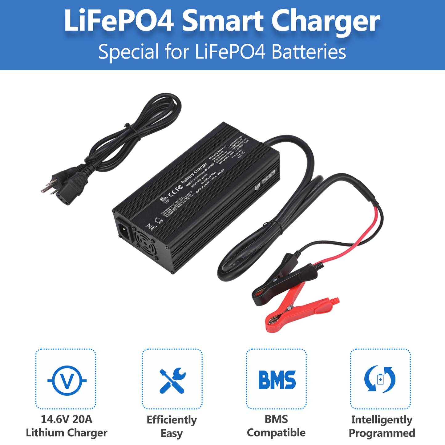 Temgo 14.6V 20A Smart Battery Charger, LiFePO4 Battery Charger for 12V Lithium Battery, Perfect for LiFePO4 Battery Recharging, Support Fast Charging
