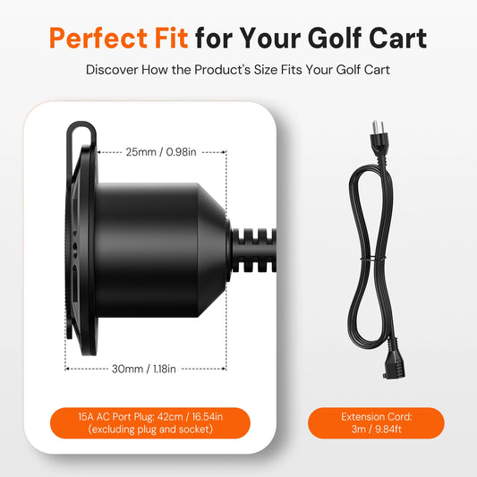125V 15A AC Power Inlet Port Plug with 16.5in Cord & 9.84ft Extension Cable, Waterproof Cap, 14AWG, Golf Cart & Outdoor Charging Socket Kit