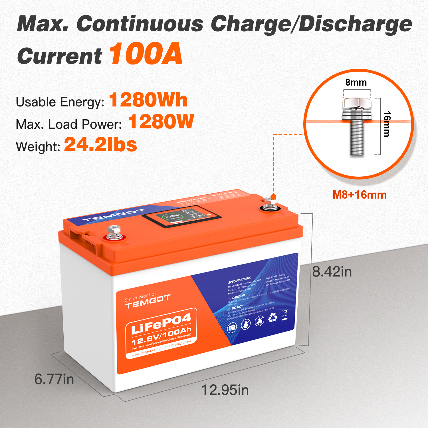 Temgo LiFePO4 12V 100Ah 1280Wh Battery with Touchable LCD Screen, Built-in 100A BMS & Bluetooth, 5000+ Cycles, Ideal for RVs & Trailers, Trolling Motors, Home Energy, UPS Backup