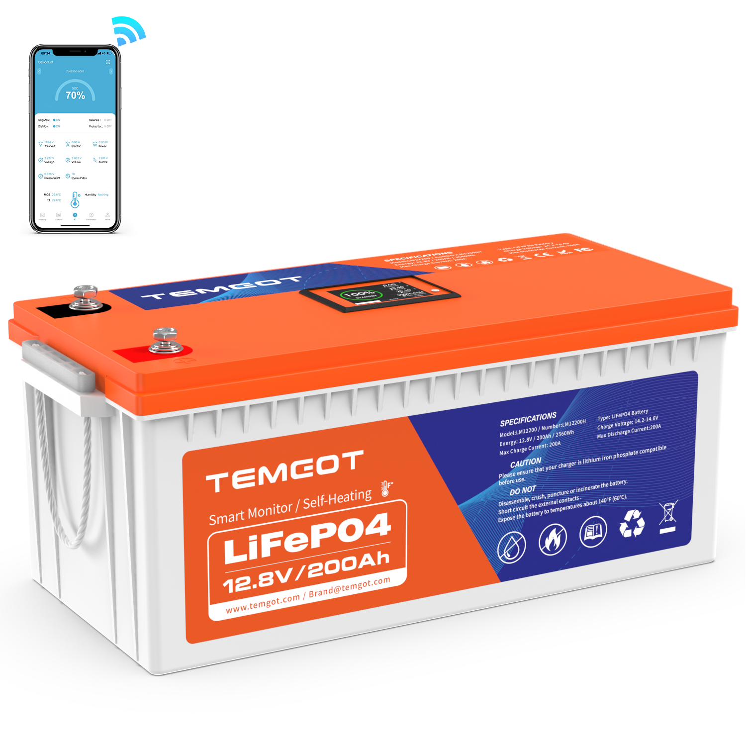 Temgo 12V 200Ah Self-Heating Lithium Battery