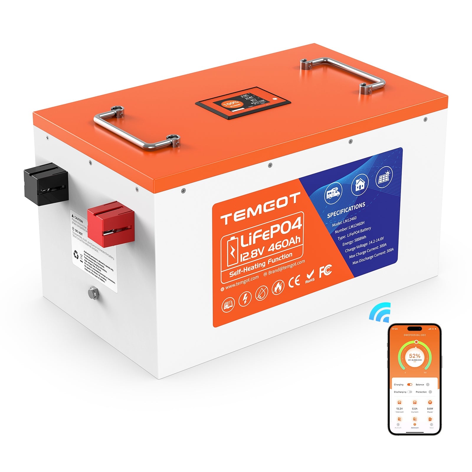 Temgo LiFePO4 12V 460Ah 5888Wh Self-Heating Battery with Touchable LCD Screen, Built-in 300A BMS & Bluetooth, 5000+ Cycles, Perfect for RVs, Yacht, Marine, Boat, UPS, Home Energy