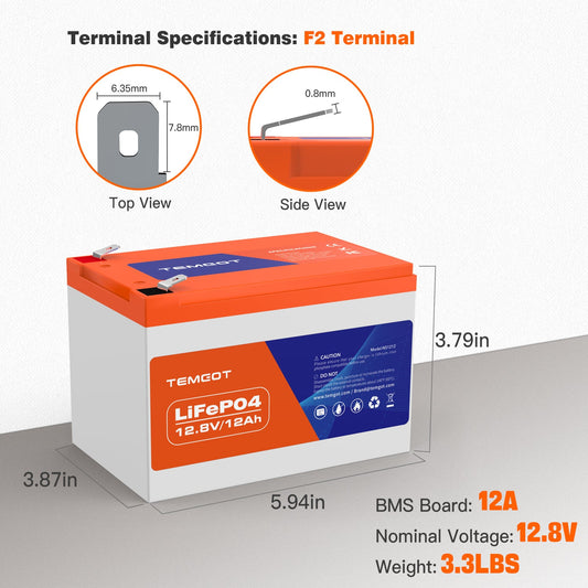 Temgo 12.8V 12Ah Rechargeable LiFePO4 Battery