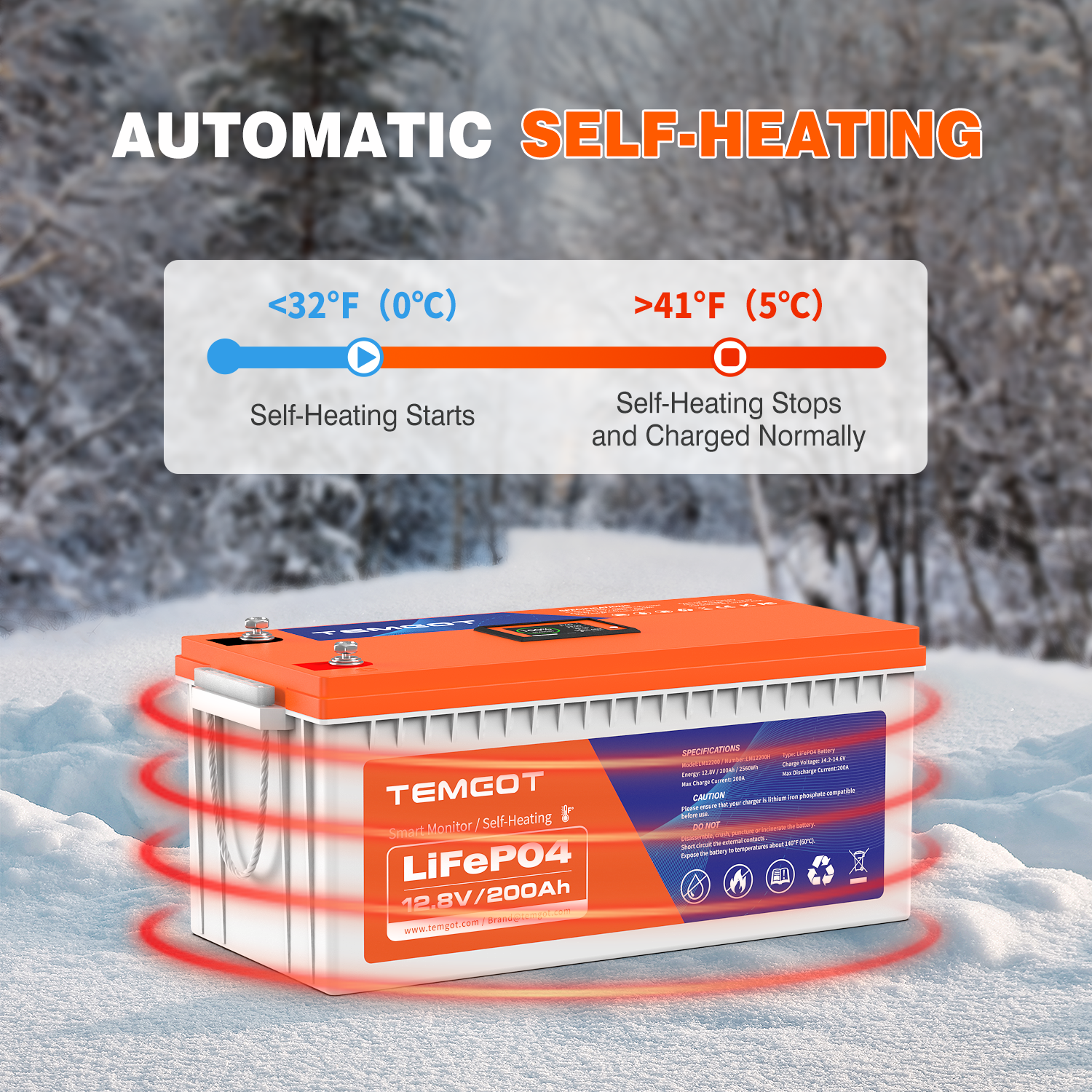 Temgo 12V 200Ah Self-Heating Lithium Battery