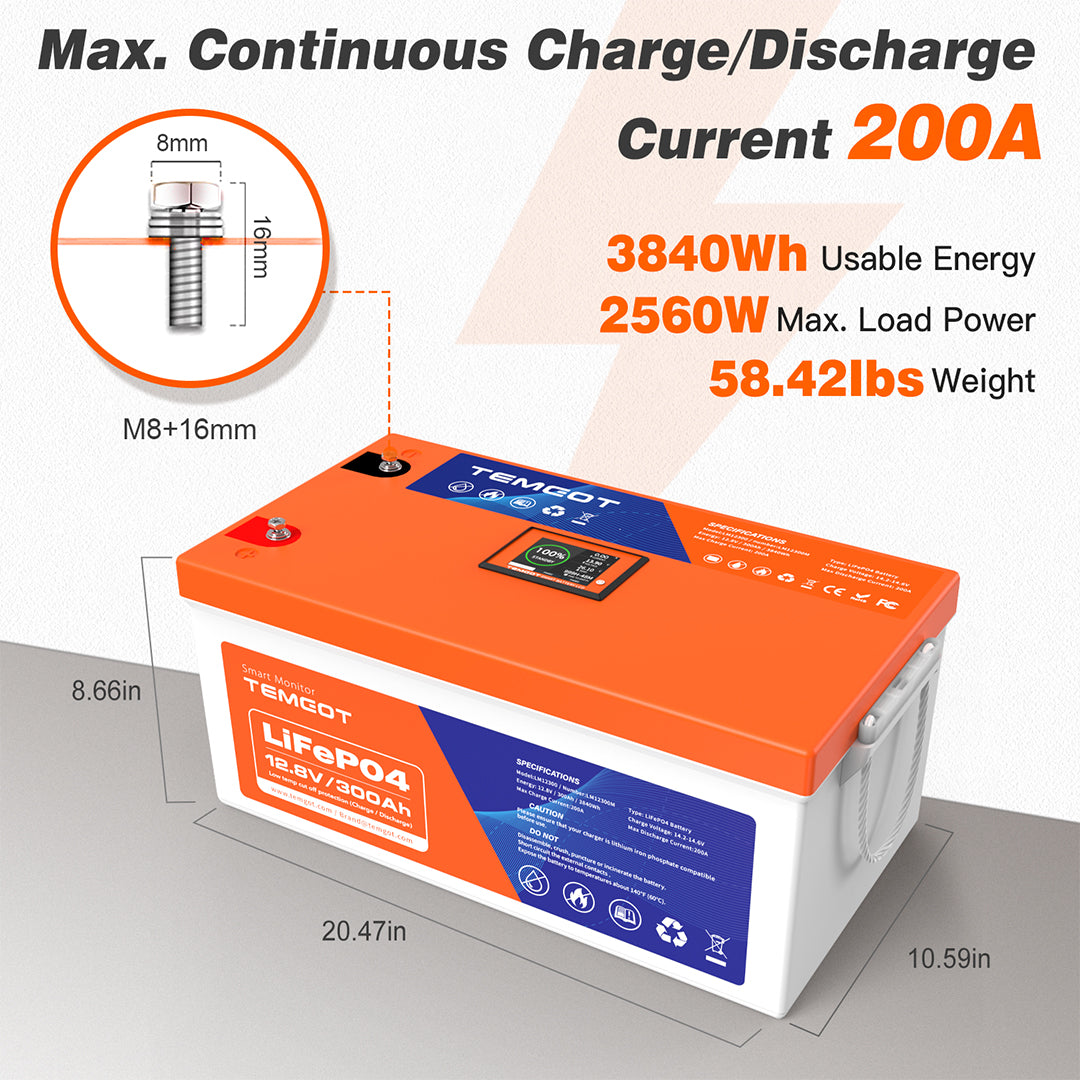 Temgo LiFePO4 12V 300Ah 3840Wh Self-Heating Battery with Touchable LCD Screen, Built-in 200A BMS & Bluetooth, 5000+ Cycles, Perfect for RVs, Motorhomes, Off Grid, Trailer & Camper