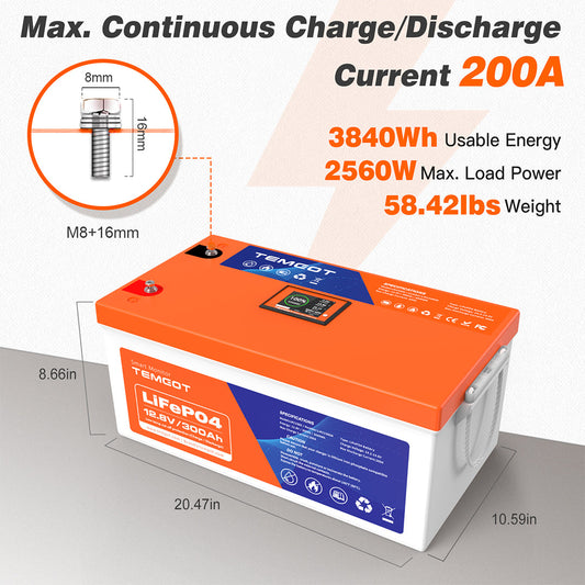 Temgo LiFePO4 12V 300Ah 3840Wh Self-Heating Battery with Touchable LCD Screen, Built-in 200A BMS & Bluetooth, 5000+ Cycles, Perfect for RVs, Motorhomes, Off Grid, Trailer & Camper CA