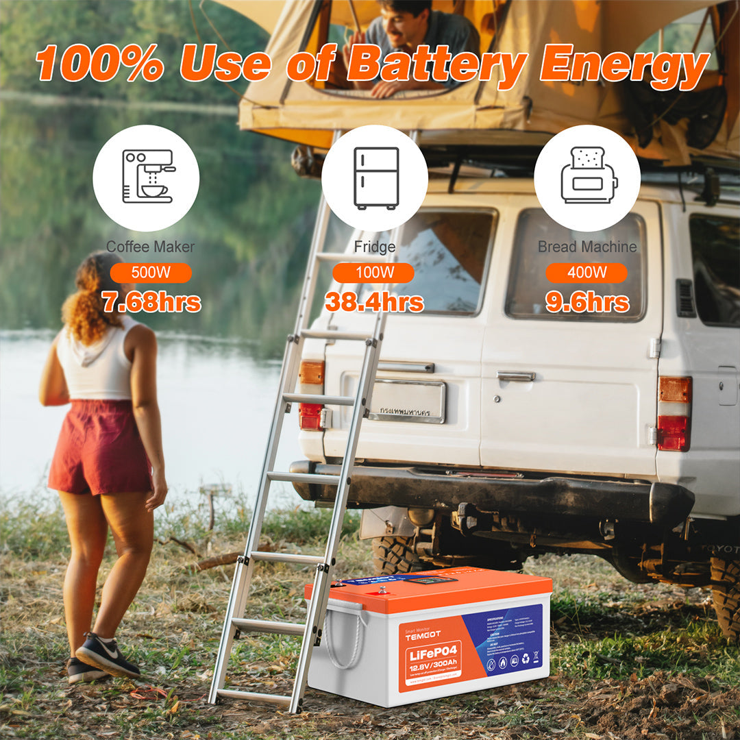 Temgo LiFePO4 12V 300Ah 3840Wh Self-Heating Battery with Touchable LCD Screen, Built-in 200A BMS & Bluetooth, 5000+ Cycles, Perfect for RVs, Motorhomes, Off Grid, Trailer & Camper