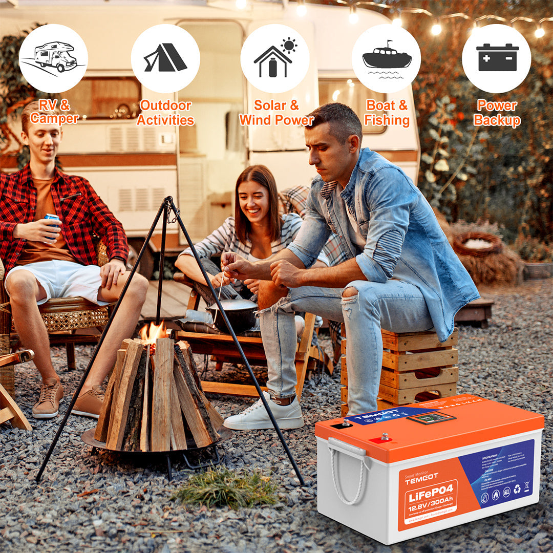 Temgo LiFePO4 12V 300Ah 3840Wh Self-Heating Battery with Touchable LCD Screen, Built-in 200A BMS & Bluetooth, 5000+ Cycles, Perfect for RVs, Motorhomes, Off Grid, Trailer & Camper
