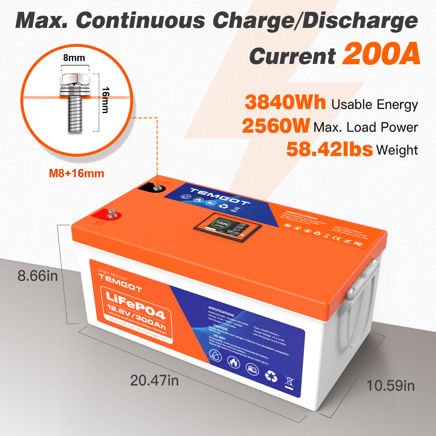 Temgo LiFePO4 12V 300Ah 3840Wh Battery with Touchable LCD Screen, Built-in 200A BMS & Bluetooth, 5000+ Cycles, Perfect for RV, Trailer, Camper, Motorhomes, Off Grid, Trolling Motor