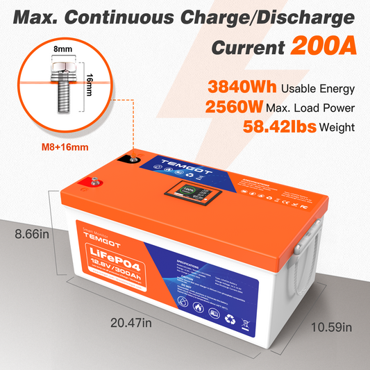 Temgo LiFePO4 12V 300Ah 3840Wh Battery with Touchable LCD Screen, Built-in 200A BMS & Bluetooth, 5000+ Cycles, Perfect for RV, Trailer, Camper, Motorhomes, Off Grid, Trolling Motor