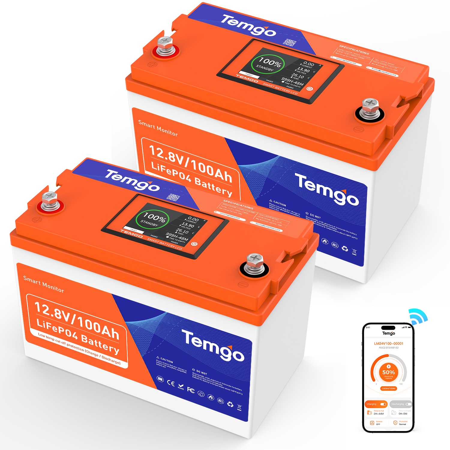 Temgo 12V 100Ah Lithium Battery With LCD Screen and app dual monitoring