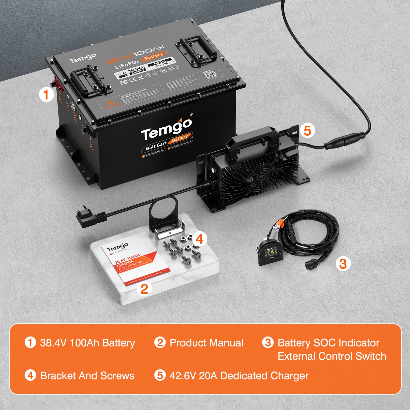 Temgo 36V 100Ah one stop Lithium Golf Cart Battery kit