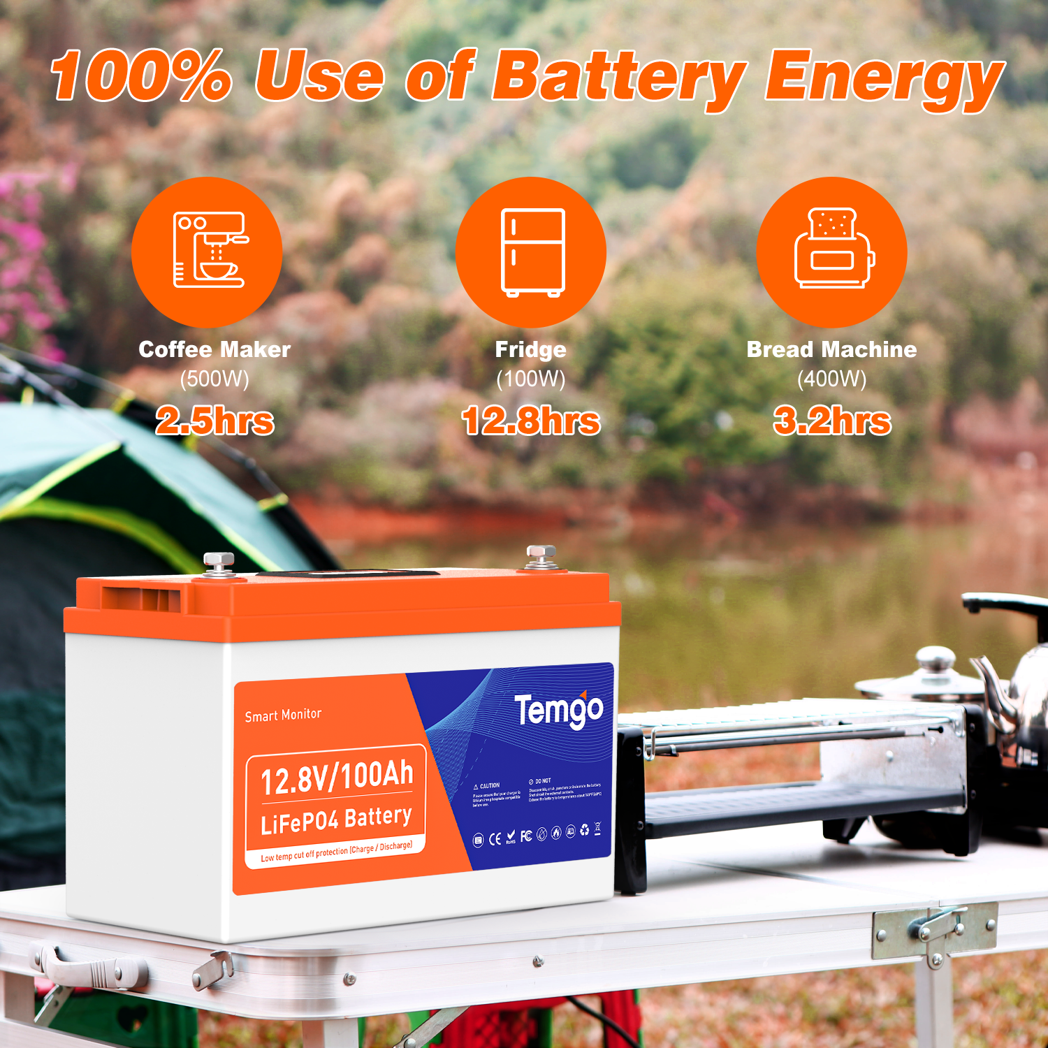 Temgo 12V 100Ah Lithium Battery With LCD Screen 100% Use of Battery Energy