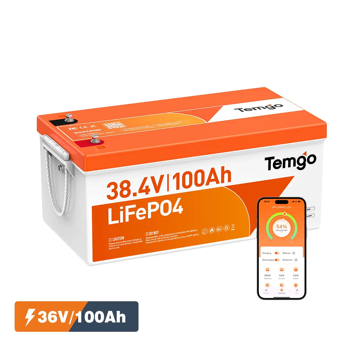 Temgo 36V 100Ah 3.84kWh Lithium Golf Cart Battery with LCD Screen Display, Built-in 200A BMS & Bluetooth, 5000+ Cycles, 12S1P