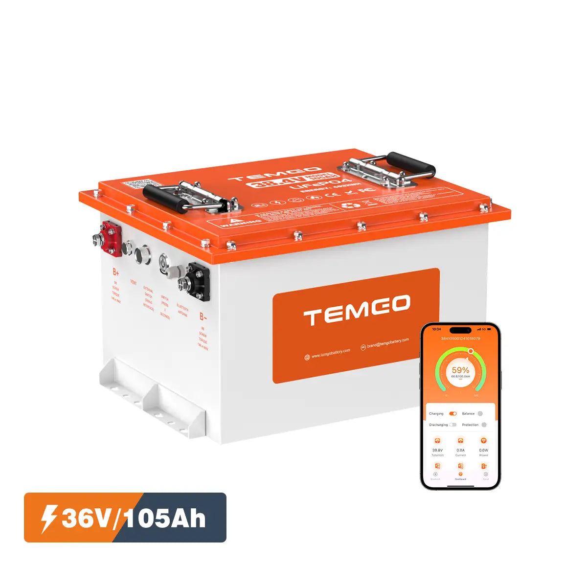 Temgo 36V 105Ah 4.03kWh Lithium Golf Cart Battery, Built-in 300A BMS & Bluetooth, 4000+ Cycles & IP67, 12S1P