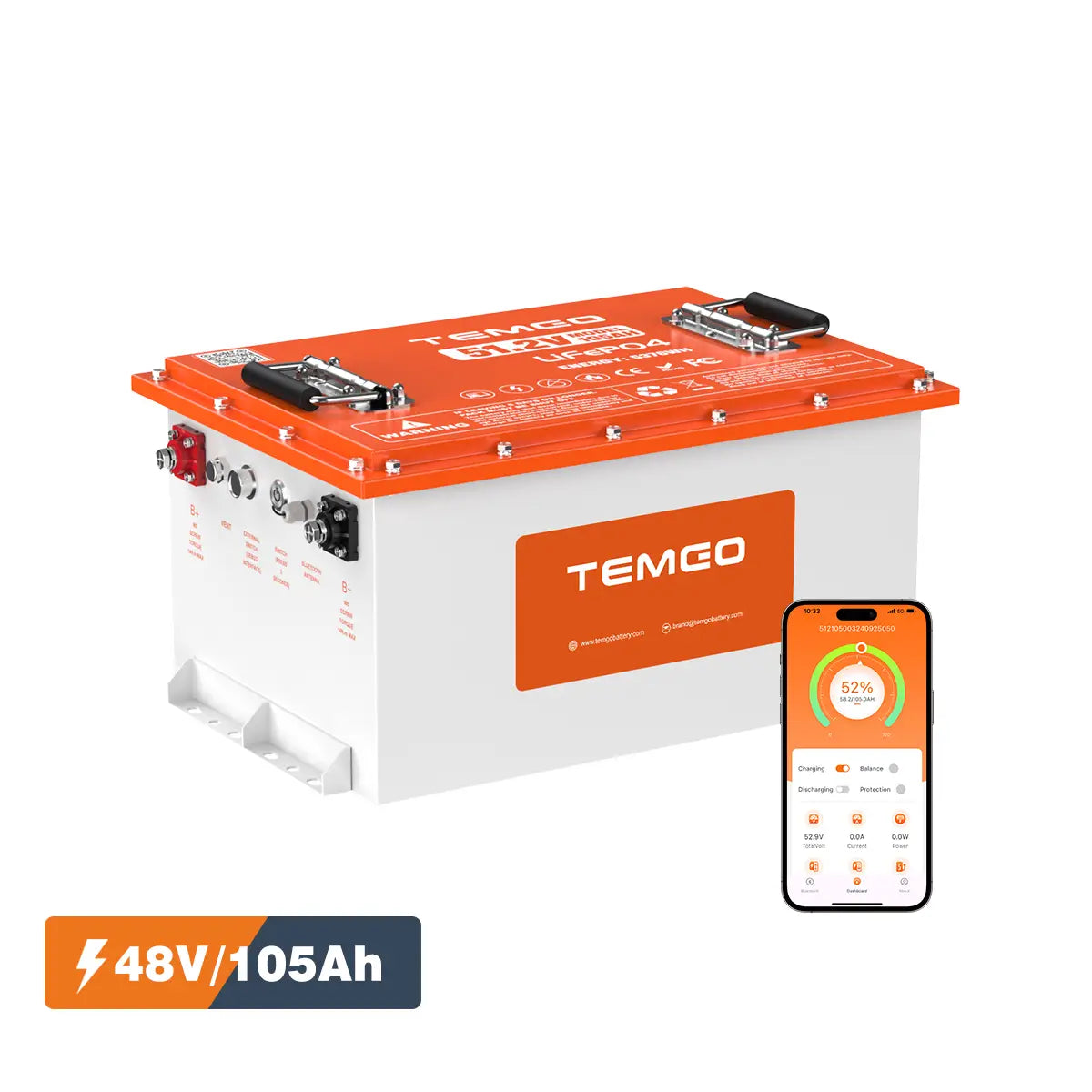 Temgo 48V 105Ah 5.37kWh Lithium Golf Cart Battery with SOC Indicator Display, Built-in 200A BMS & Bluetooth, 4000+ Cycles & IP67, 16S1P