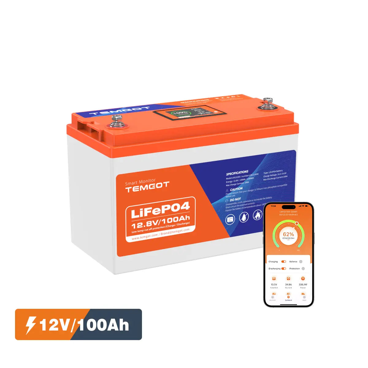 Temgo LiFePO4 12V 100Ah with Touchable Display Battery