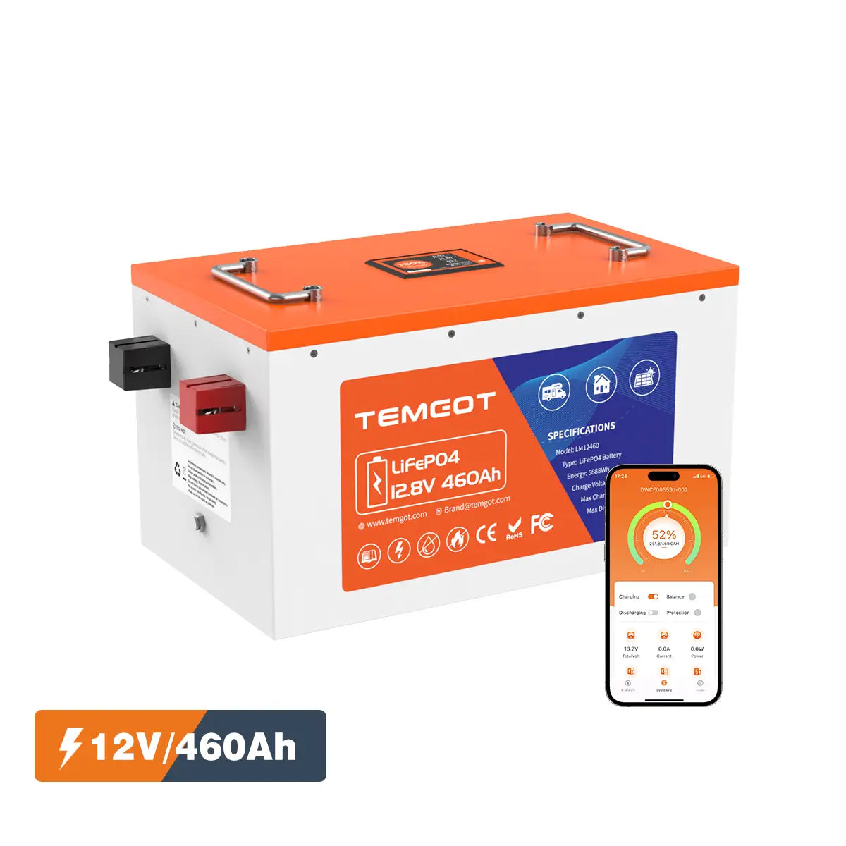 Temgo LiFePO4 12V 460Ah 5888Wh Battery with Touchable LCD Screen, Built-in 250A BMS & Bluetooth, 5000+ Cycles, Perfect for RVs, Yacht, Marine, Boat, Home Energy, Server Rack
