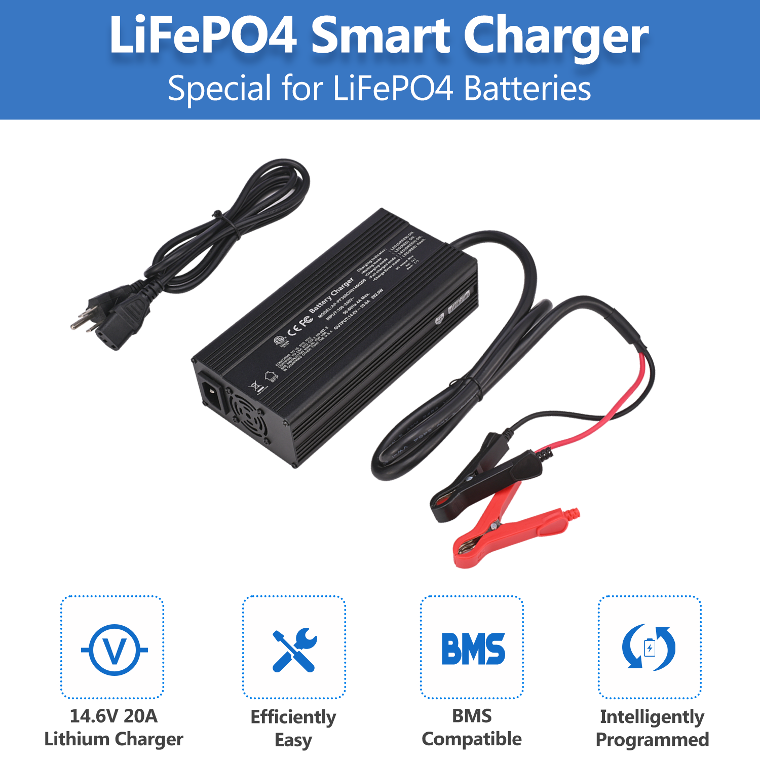Temgo 14.6V 20A Smart Battery Charger, LiFePO4 Battery Charger for 12V Lithium Battery, Perfect for LiFePO4 Battery Recharging, Support Fast Charging