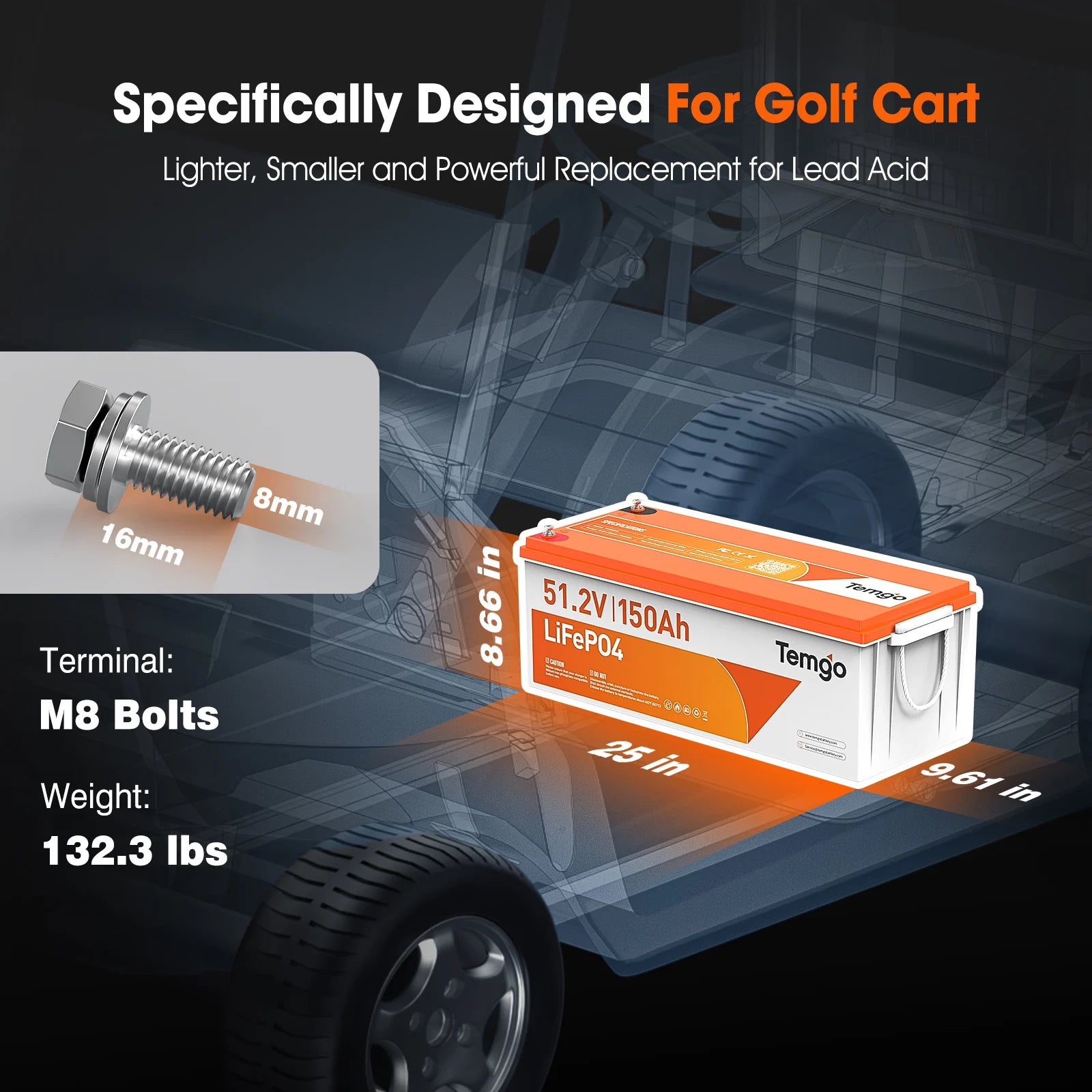 Temgo 48V (51.2V) 150Ah Lithium Golf Cart Battery