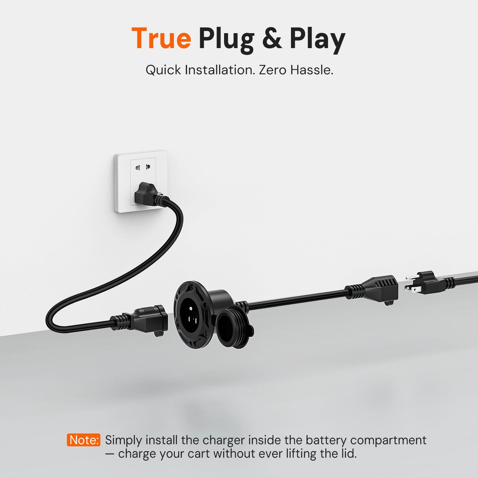 125V 15A AC Power Inlet Port Plug with 16.5in Cord & 9.84ft Extension Cable, Waterproof Cap, 14AWG, Golf Cart & Outdoor Charging Socket Kit